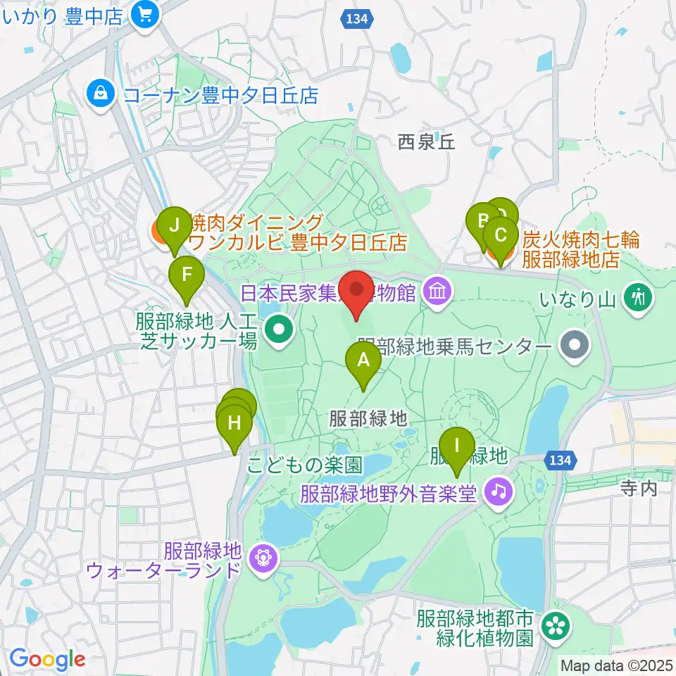 服部緑地陸上競技場周辺のファミレス・ファーストフード一覧地図
