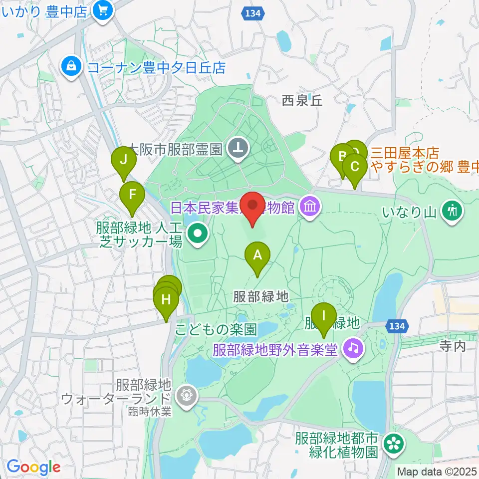 服部緑地陸上競技場周辺のファミレス・ファーストフード一覧地図