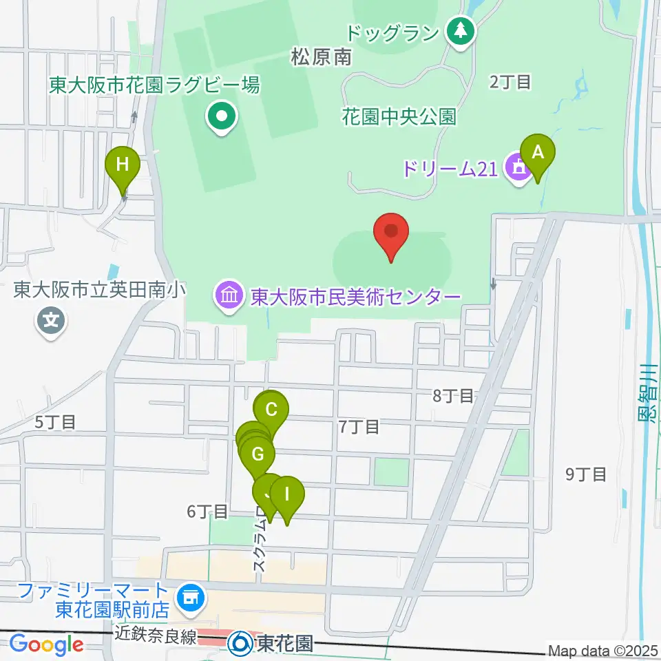 東大阪市花園中央公園 多目的球技広場周辺のファミレス・ファーストフード一覧地図