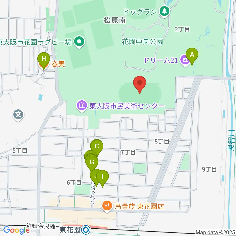 東大阪市花園中央公園 多目的球技広場周辺のファミレス・ファーストフード一覧地図