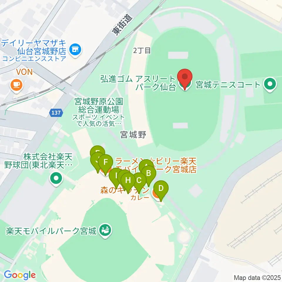 弘進ゴムアスリートパーク仙台周辺のファミレス・ファーストフード一覧地図