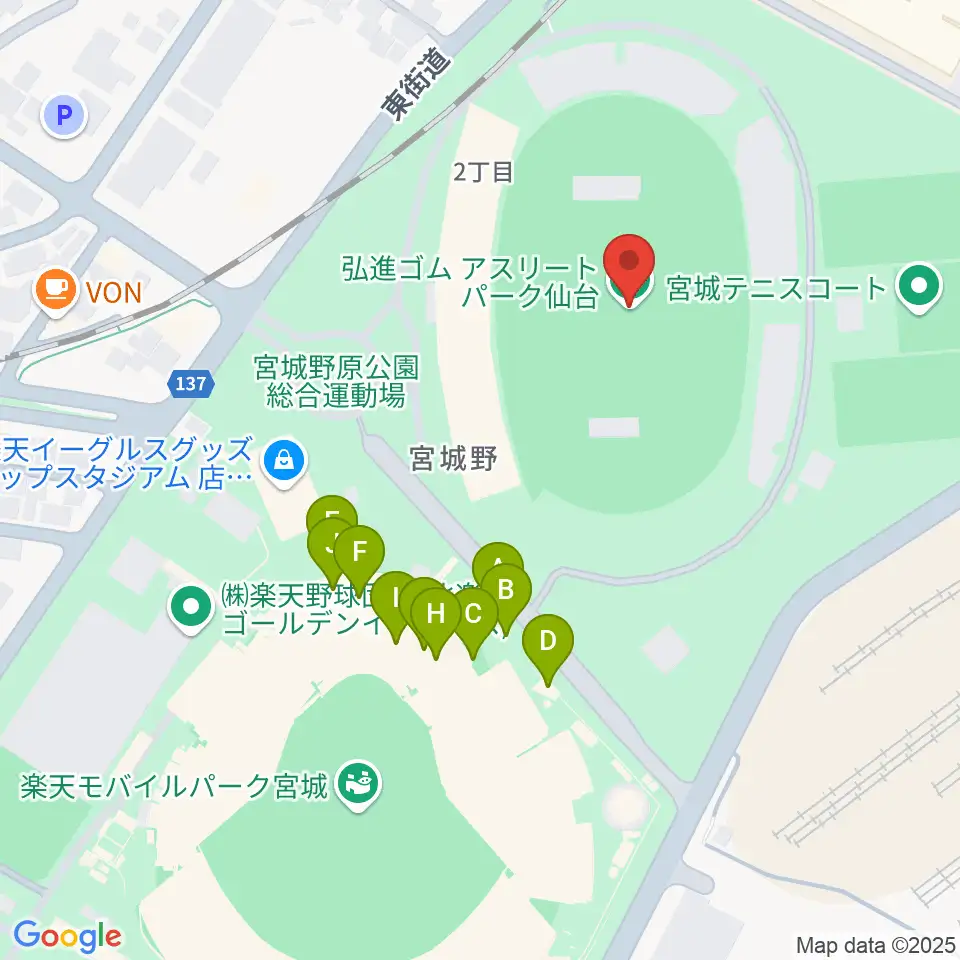 弘進ゴムアスリートパーク仙台周辺のファミレス・ファーストフード一覧地図