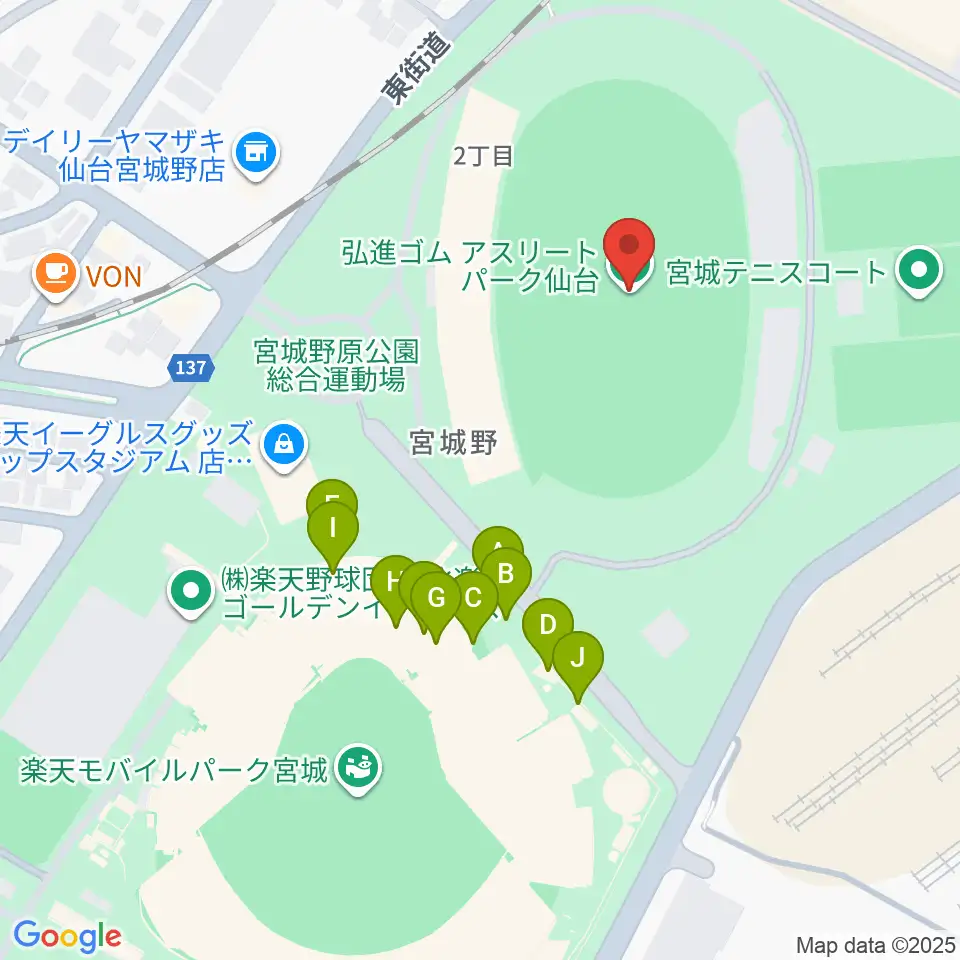 弘進ゴムアスリートパーク仙台周辺のファミレス・ファーストフード一覧地図
