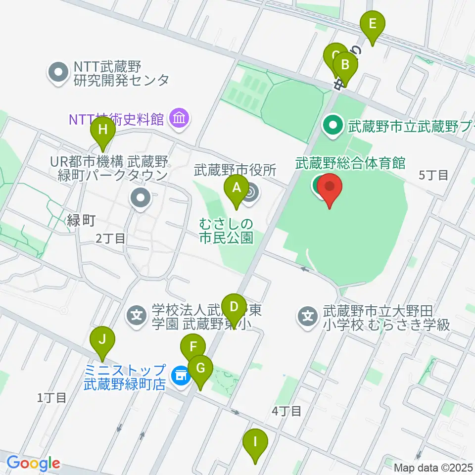 武蔵野陸上競技場周辺のファミレス・ファーストフード一覧地図