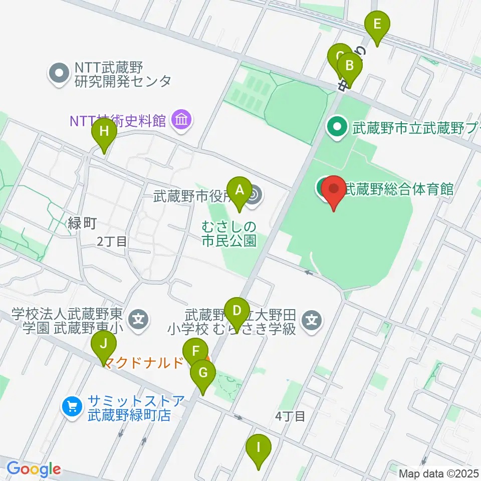 武蔵野陸上競技場周辺のファミレス・ファーストフード一覧地図