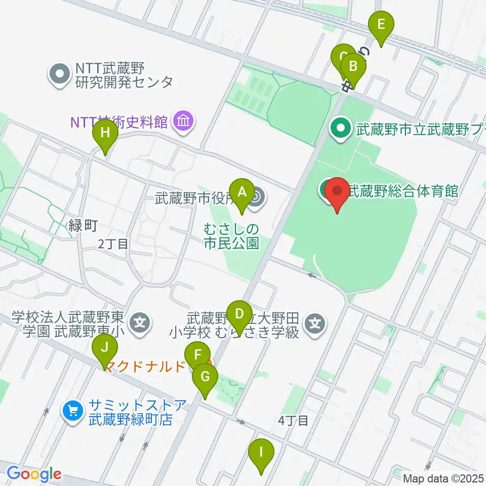 武蔵野陸上競技場周辺のファミレス・ファーストフード一覧地図