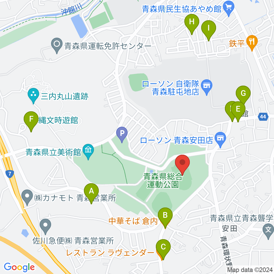 青森県総合運動公園 旧陸上競技場・旧補助競技場周辺のファミレス・ファーストフード一覧地図