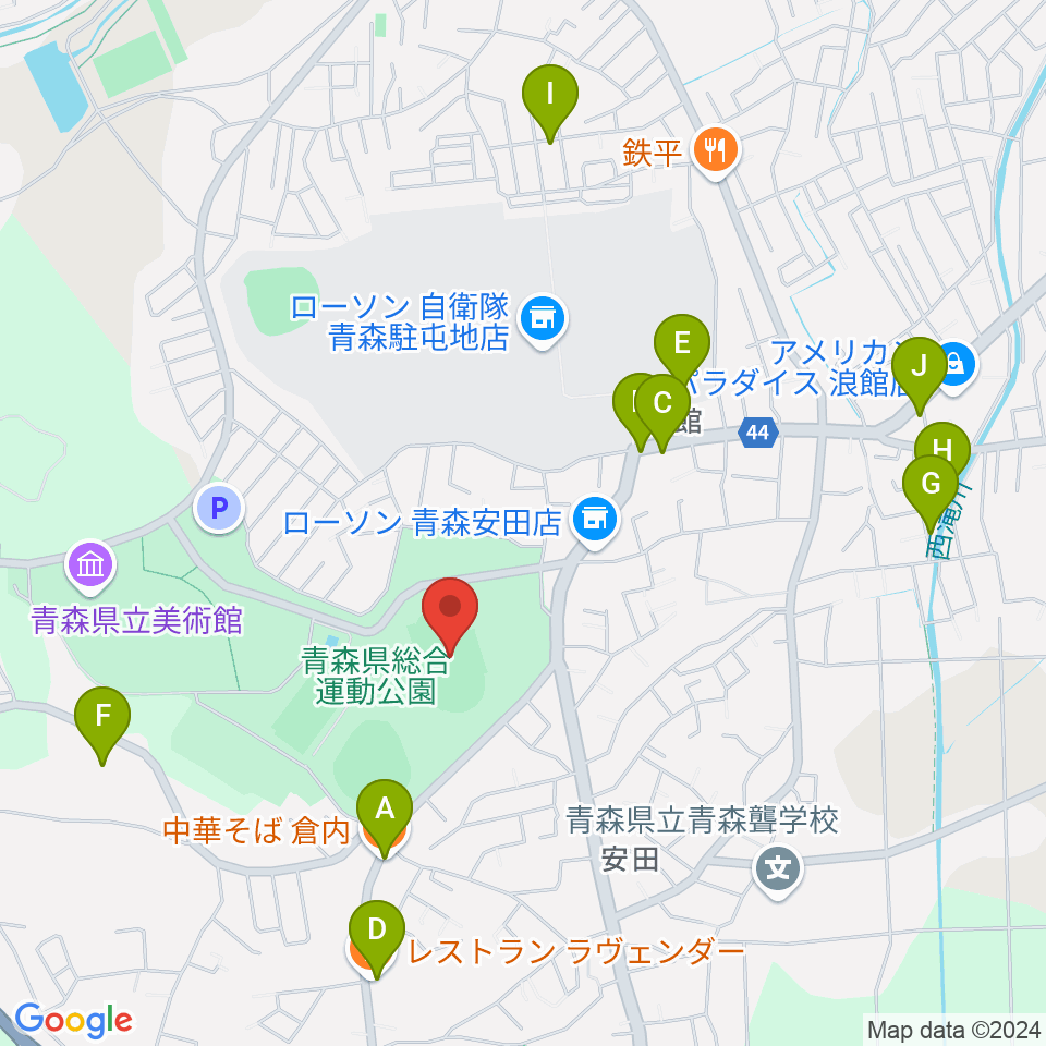 青森県総合運動公園 旧陸上競技場・旧補助競技場周辺のファミレス・ファーストフード一覧地図