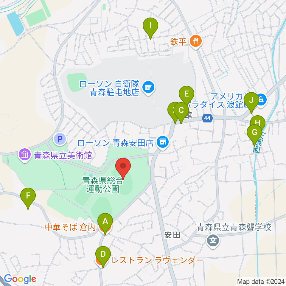 青森県総合運動公園 旧陸上競技場・旧補助競技場周辺のファミレス・ファーストフード一覧地図