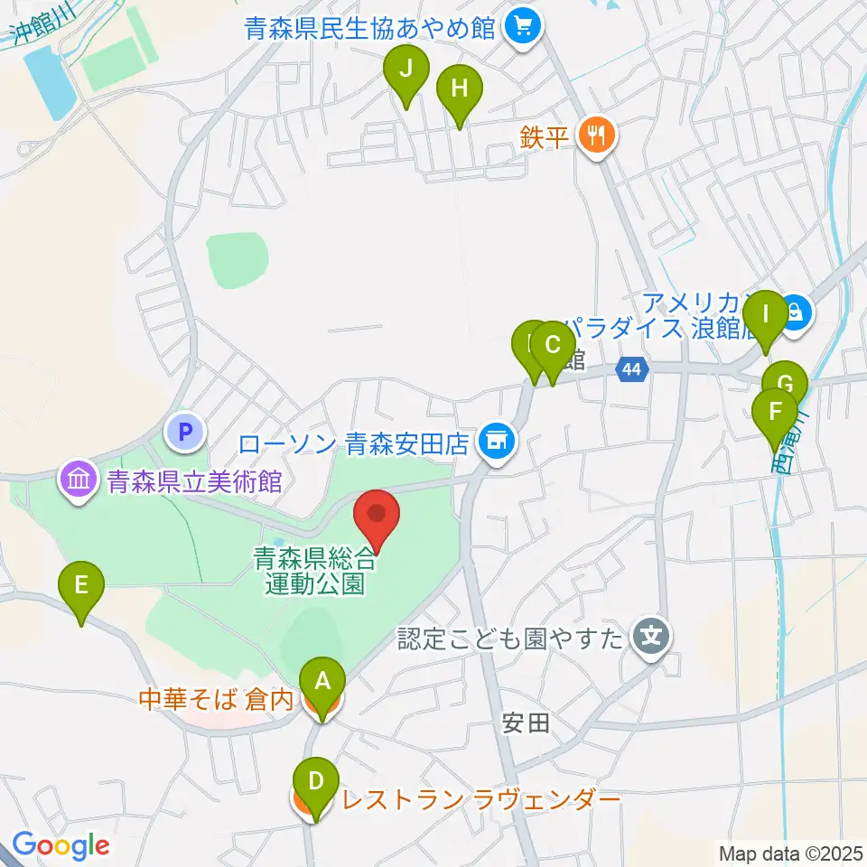 青森県総合運動公園 旧陸上競技場・旧補助競技場周辺のファミレス・ファーストフード一覧地図