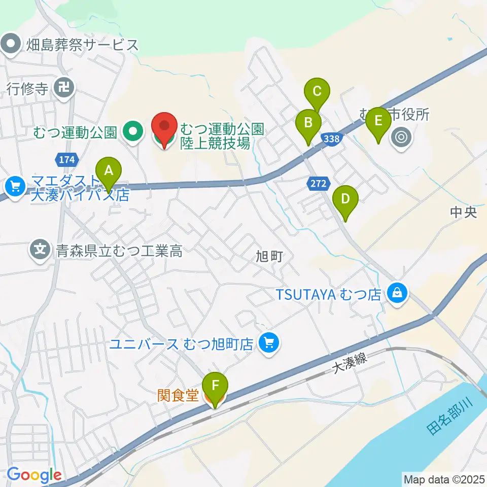 むつ運動公園陸上競技場周辺のファミレス・ファーストフード一覧地図