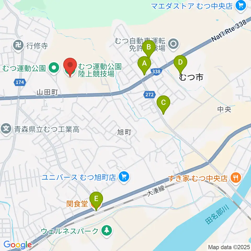 むつ運動公園陸上競技場周辺のファミレス・ファーストフード一覧地図