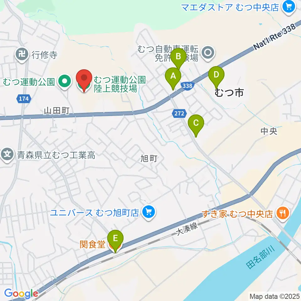 むつ運動公園陸上競技場周辺のファミレス・ファーストフード一覧地図