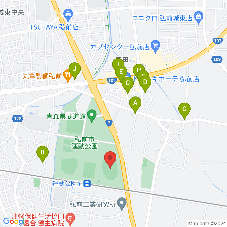 弘前市運動公園陸上競技場周辺のファミレス・ファーストフード一覧地図