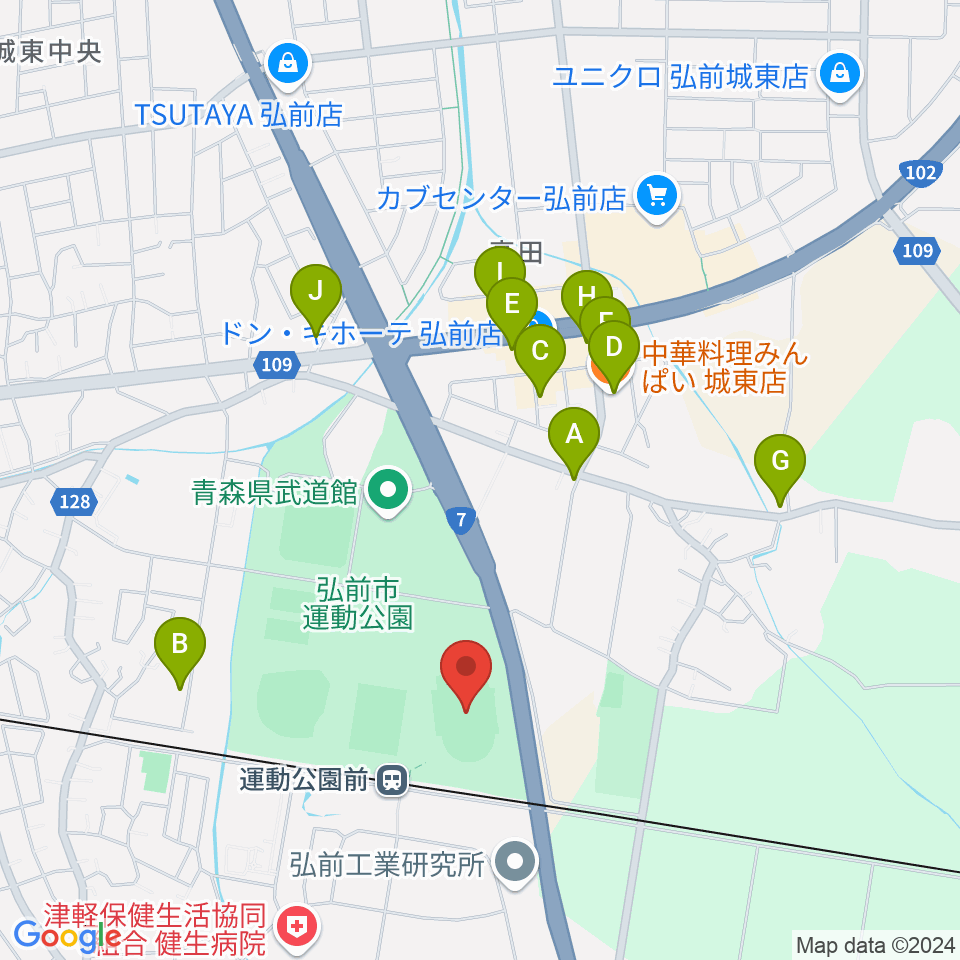 弘前市運動公園陸上競技場周辺のファミレス・ファーストフード一覧地図