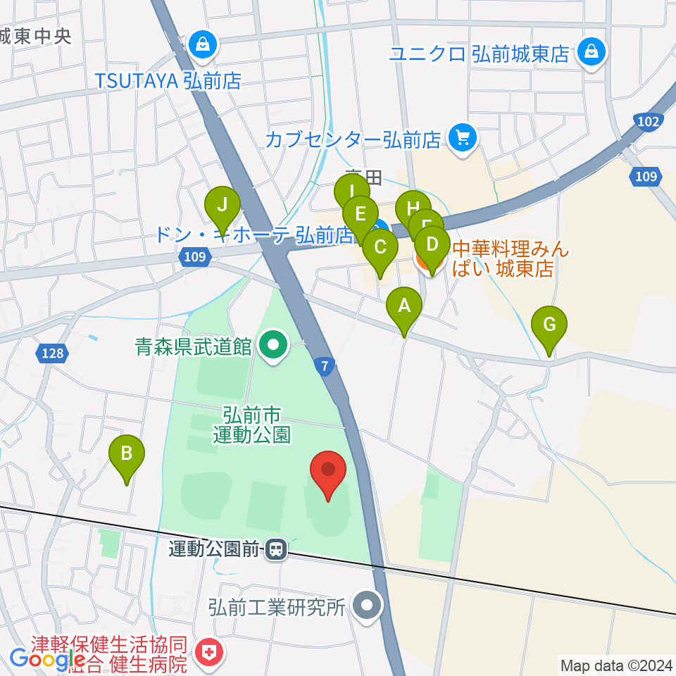 弘前市運動公園陸上競技場周辺のファミレス・ファーストフード一覧地図