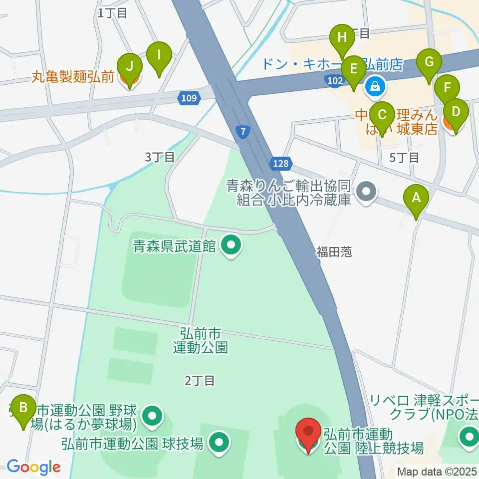 弘前市運動公園陸上競技場周辺のファミレス・ファーストフード一覧地図