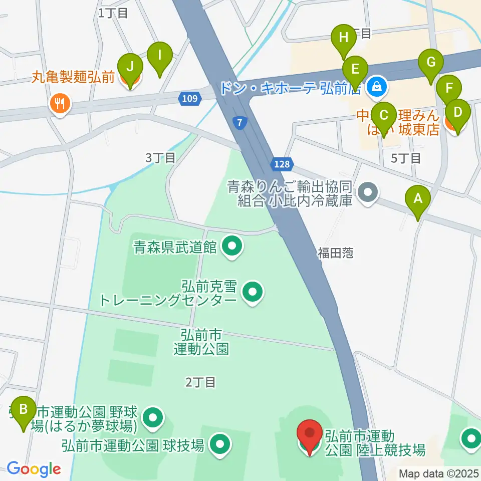 弘前市運動公園陸上競技場周辺のファミレス・ファーストフード一覧地図