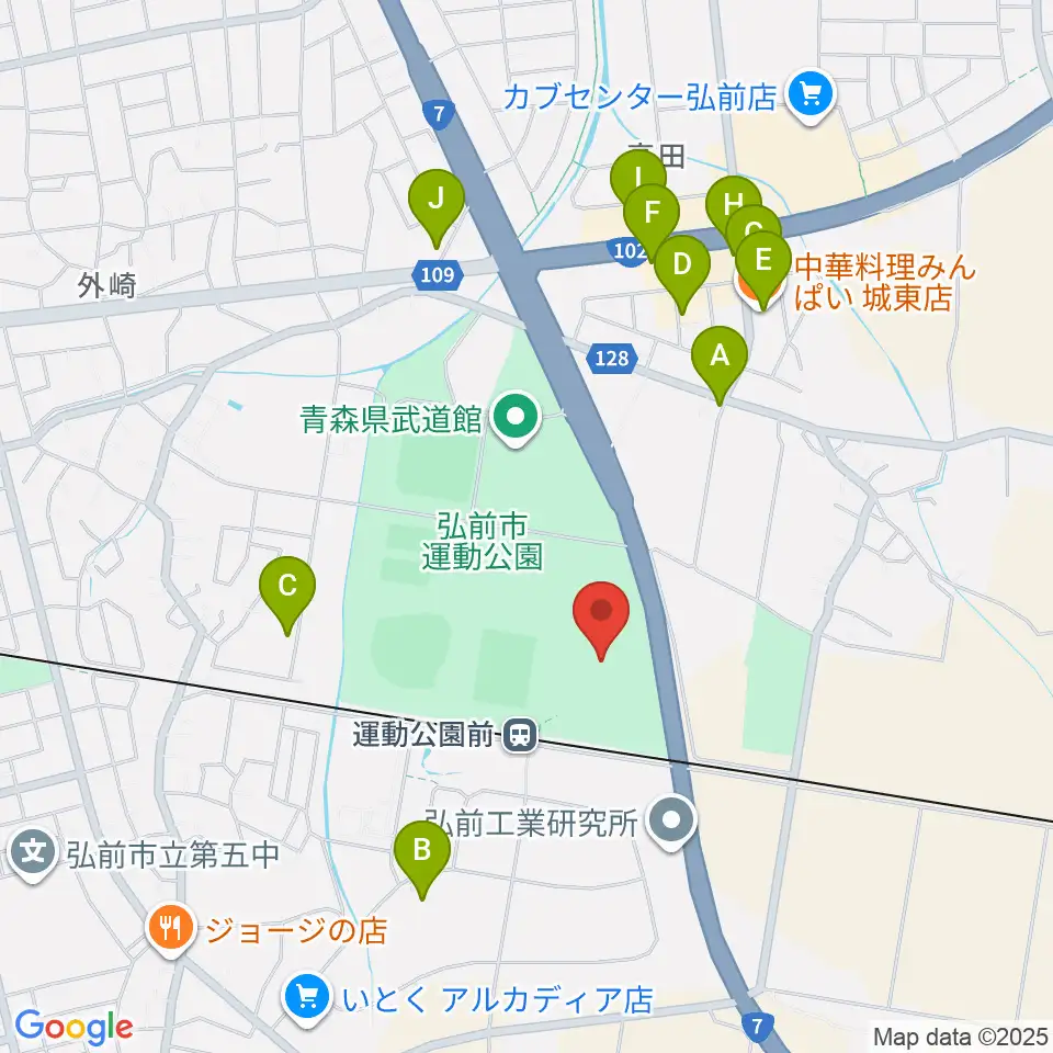 弘前市運動公園陸上競技場周辺のファミレス・ファーストフード一覧地図