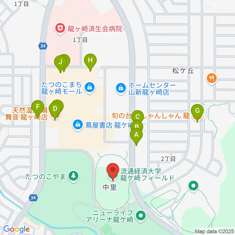 龍ケ崎市陸上競技場周辺のファミレス・ファーストフード一覧地図
