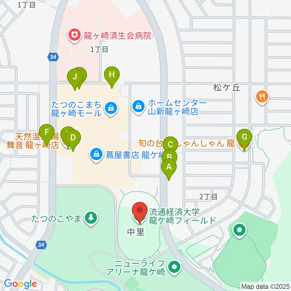 龍ケ崎市陸上競技場周辺のファミレス・ファーストフード一覧地図