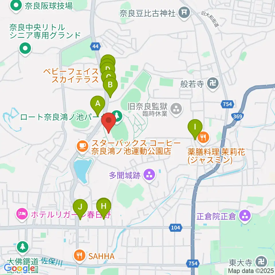 ロートフィールド奈良周辺のファミレス・ファーストフード一覧地図