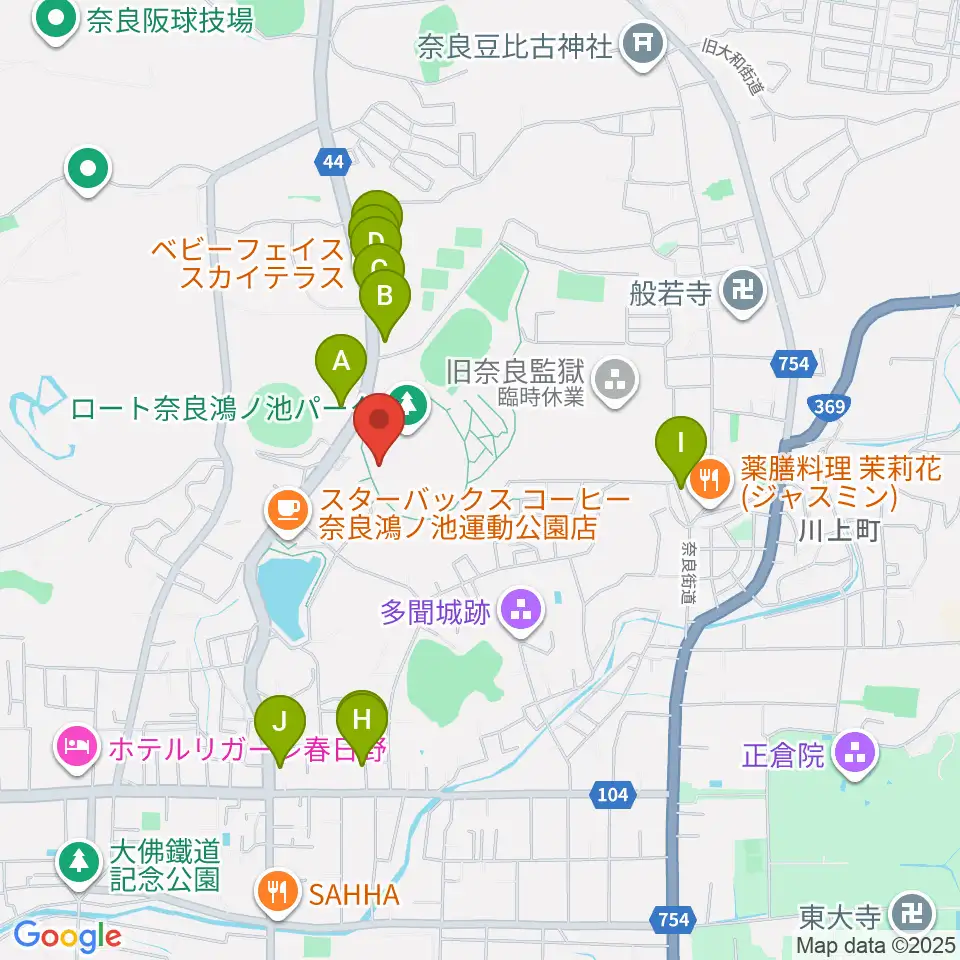 ロートフィールド奈良周辺のファミレス・ファーストフード一覧地図