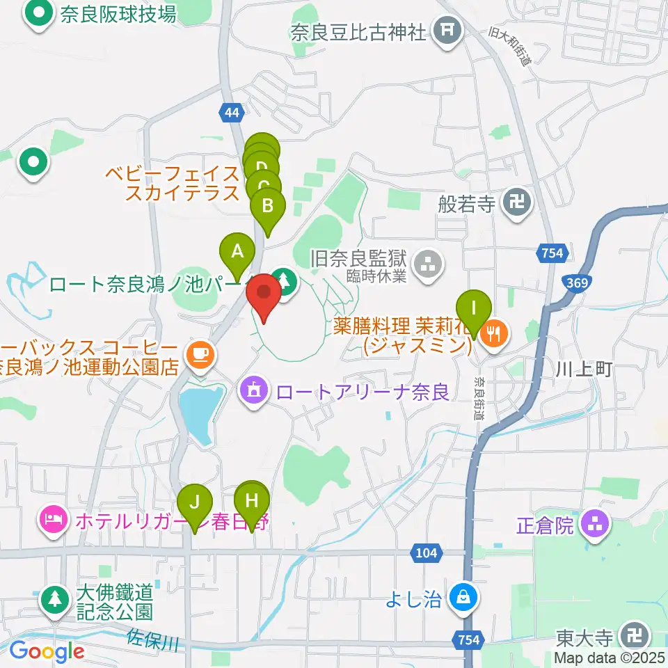 ロートフィールド奈良周辺のファミレス・ファーストフード一覧地図