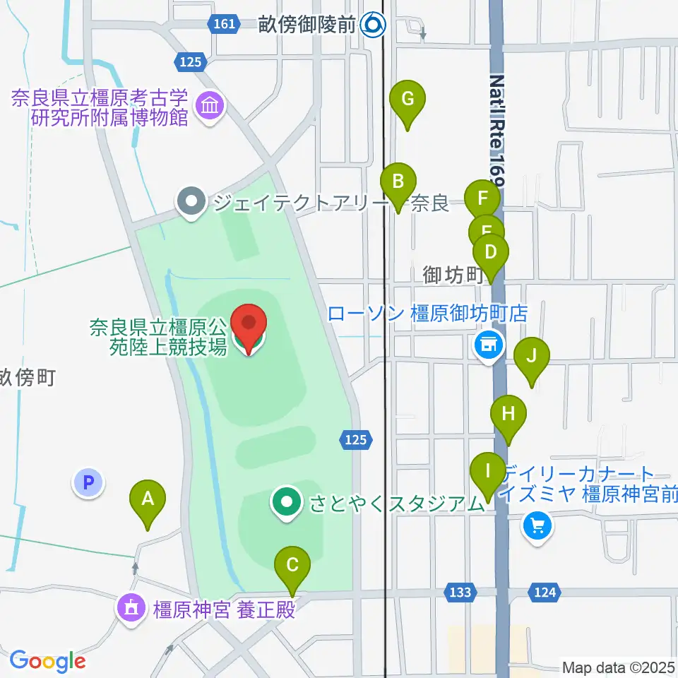 橿原公苑陸上競技場周辺のファミレス・ファーストフード一覧地図