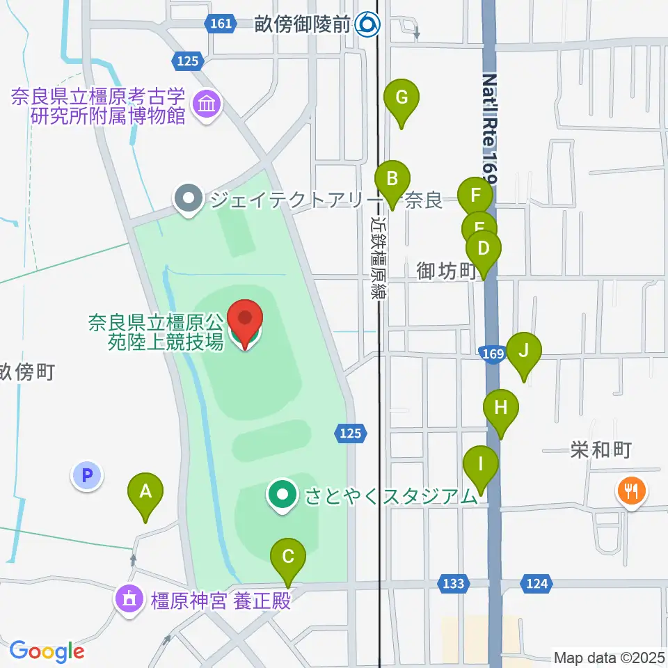 橿原公苑陸上競技場周辺のファミレス・ファーストフード一覧地図