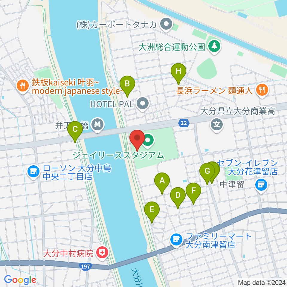 ジェイリーススタジアム周辺のファミレス・ファーストフード一覧地図