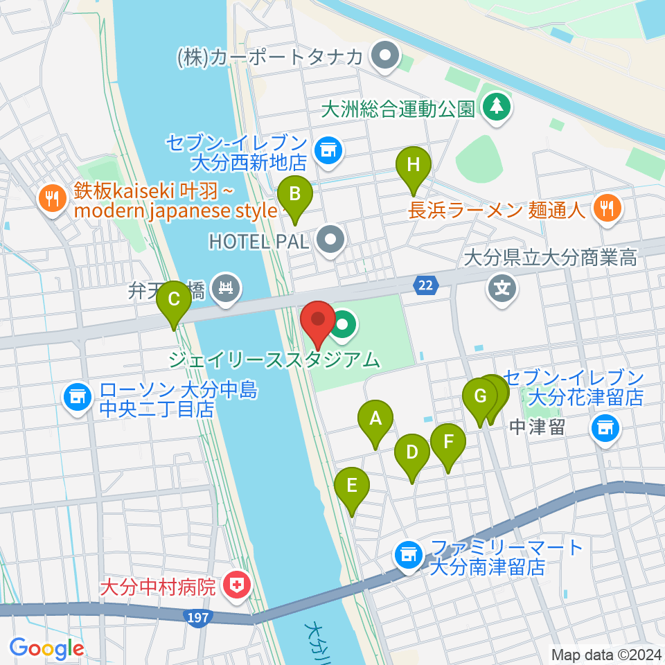 ジェイリーススタジアム周辺のファミレス・ファーストフード一覧地図