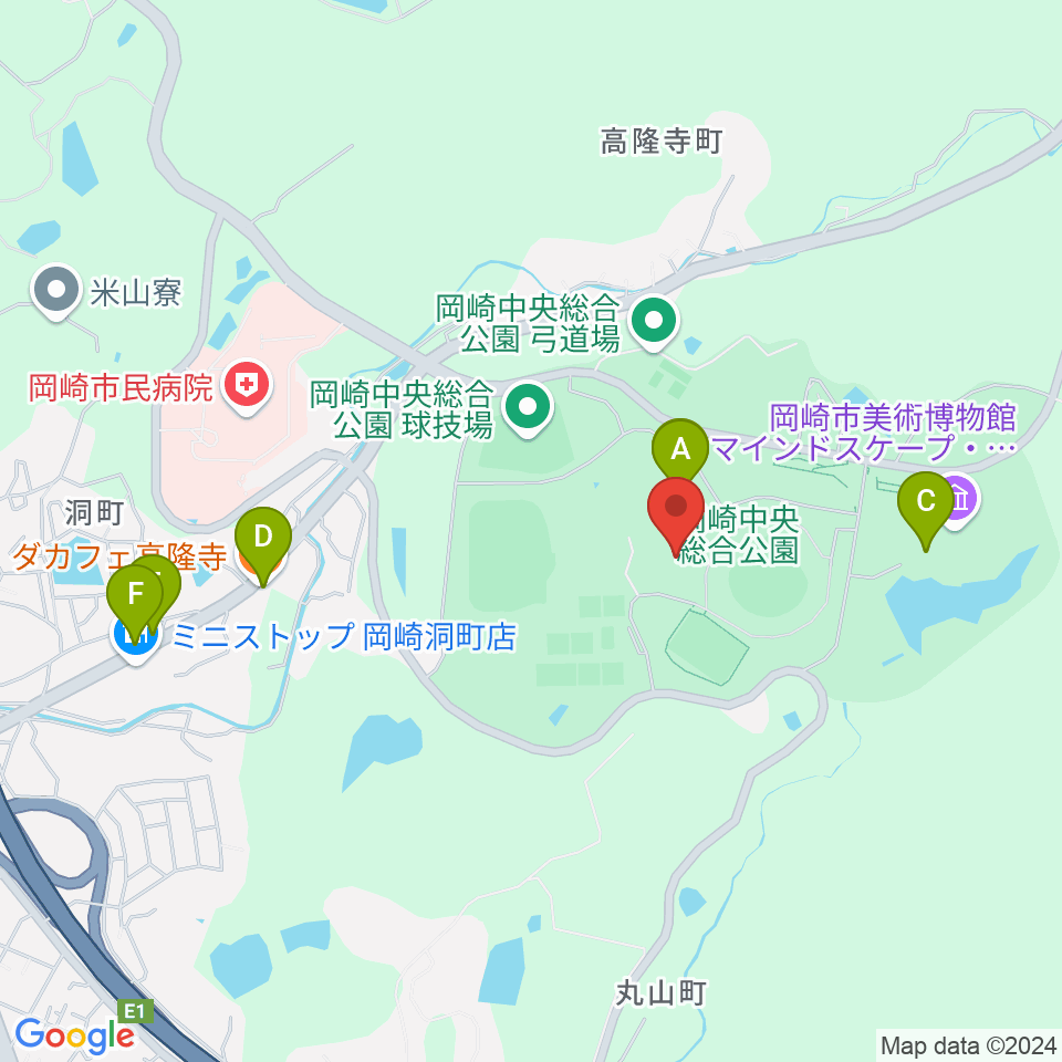 岡崎中央総合公園総合体育館周辺のファミレス・ファーストフード一覧地図