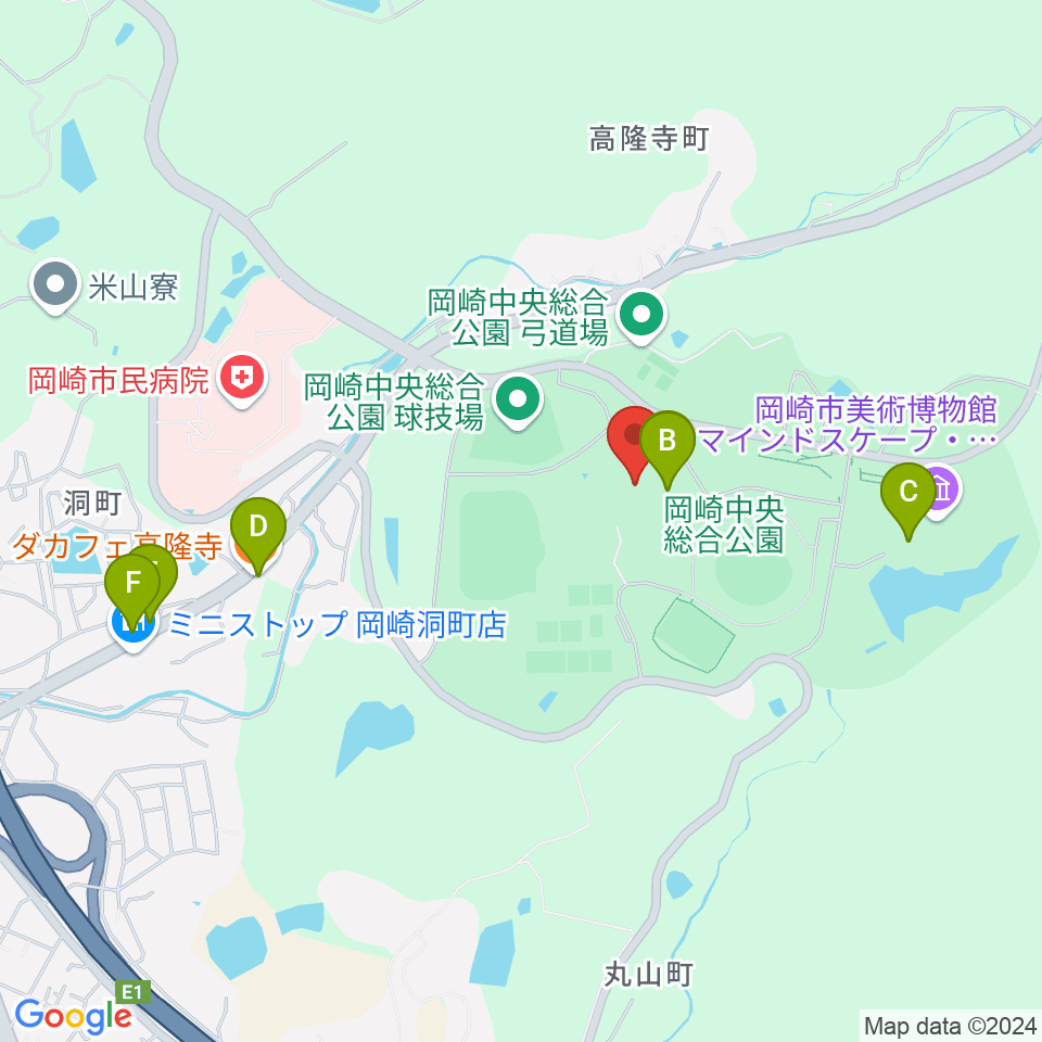 岡崎中央総合公園 武道館周辺のファミレス・ファーストフード一覧地図