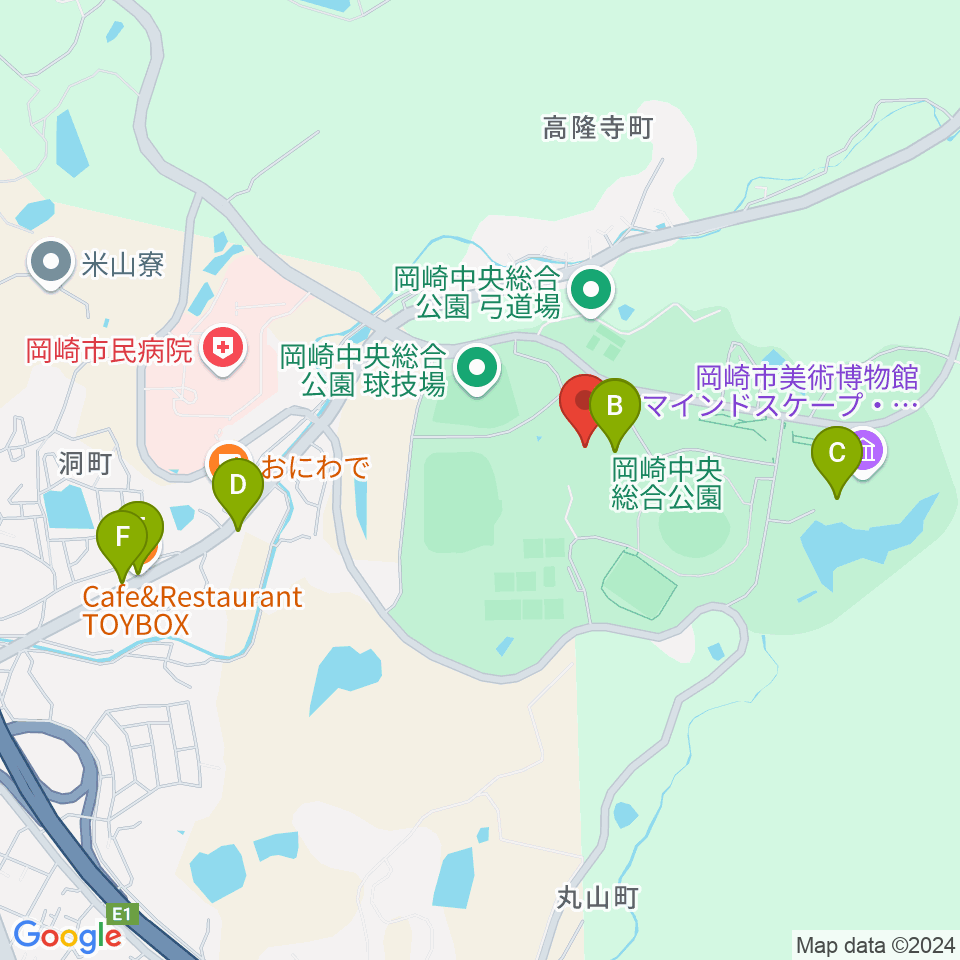 岡崎中央総合公園 武道館周辺のファミレス・ファーストフード一覧地図