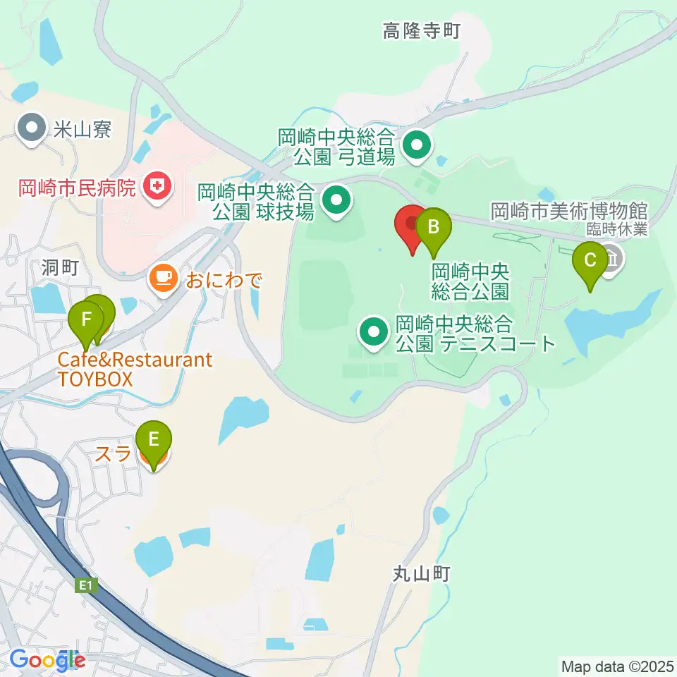 岡崎中央総合公園 武道館周辺のファミレス・ファーストフード一覧地図