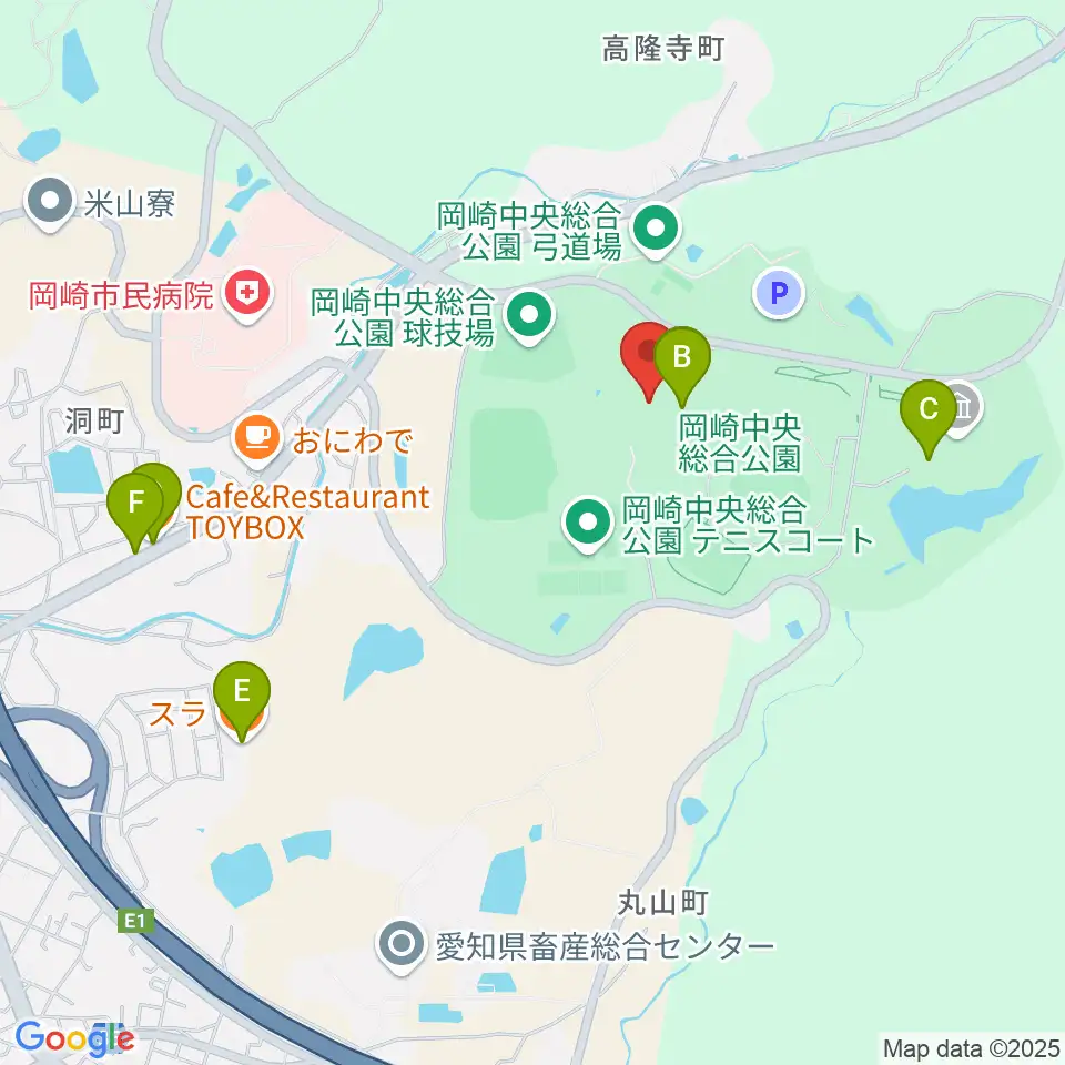 岡崎中央総合公園 武道館周辺のファミレス・ファーストフード一覧地図