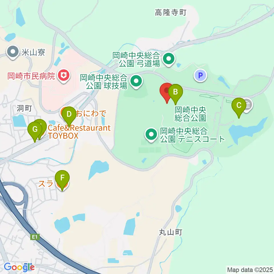 岡崎中央総合公園 武道館周辺のファミレス・ファーストフード一覧地図