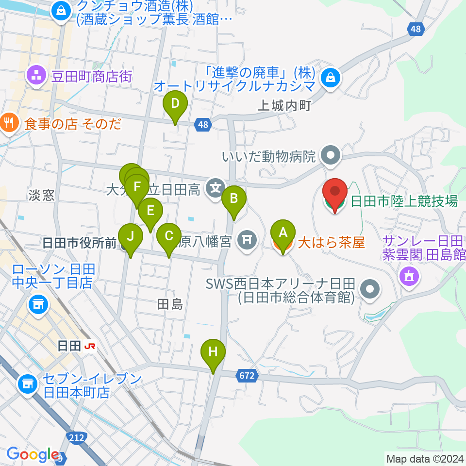 日田市陸上競技場周辺のファミレス・ファーストフード一覧地図