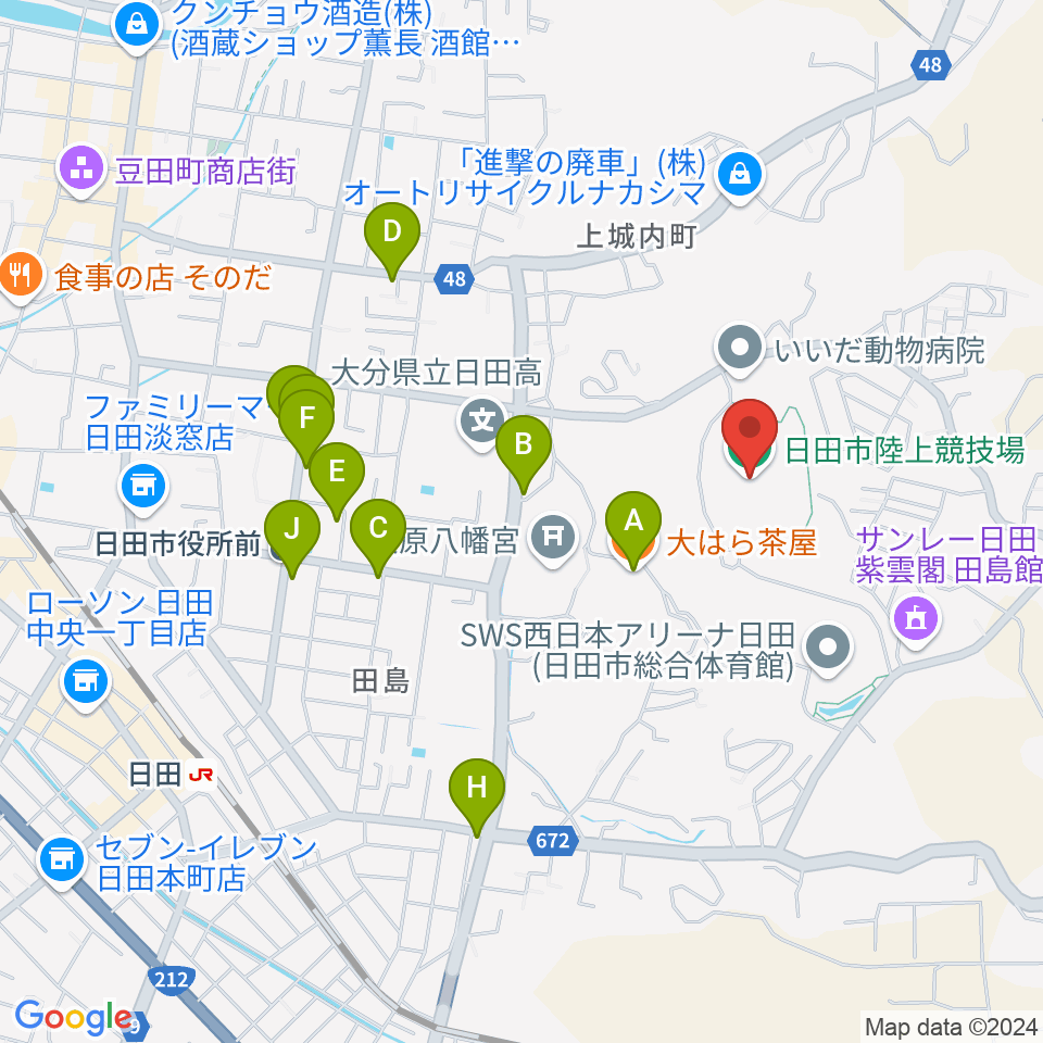 日田市陸上競技場周辺のファミレス・ファーストフード一覧地図