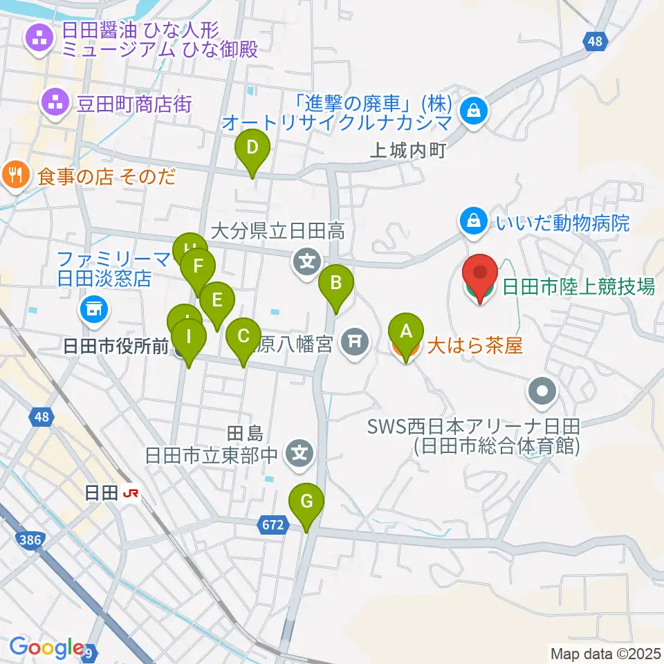 日田市陸上競技場周辺のファミレス・ファーストフード一覧地図