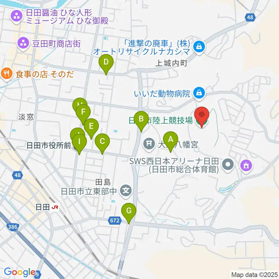 日田市陸上競技場周辺のファミレス・ファーストフード一覧地図