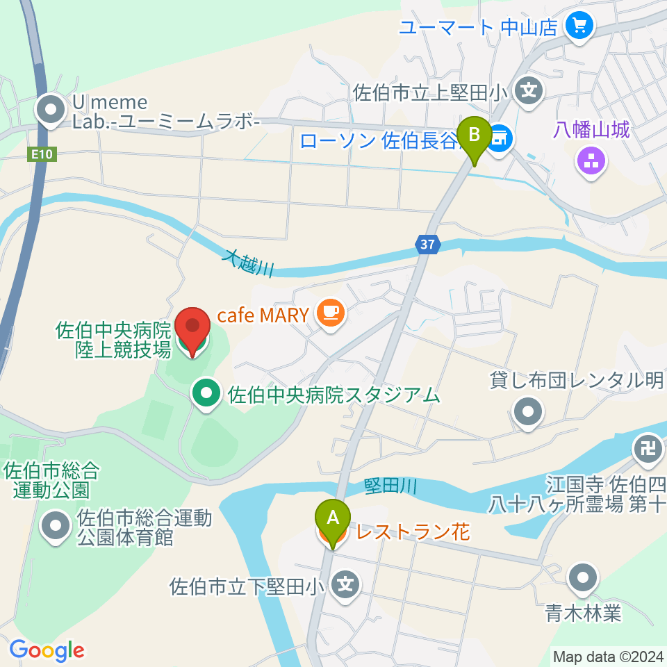 佐伯中央病院陸上競技場周辺のファミレス・ファーストフード一覧地図