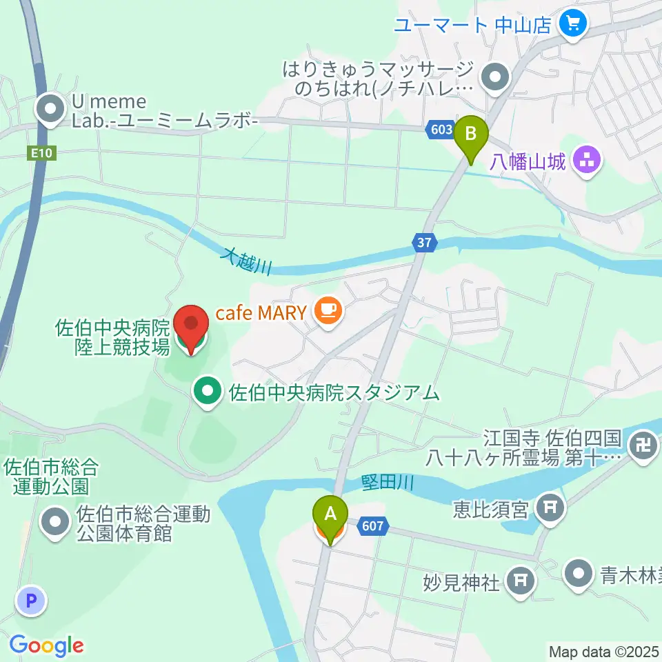 佐伯中央病院陸上競技場周辺のファミレス・ファーストフード一覧地図
