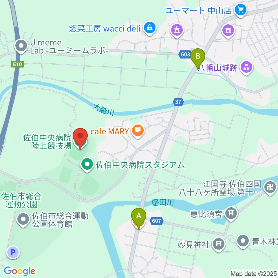 佐伯中央病院陸上競技場周辺のファミレス・ファーストフード一覧地図