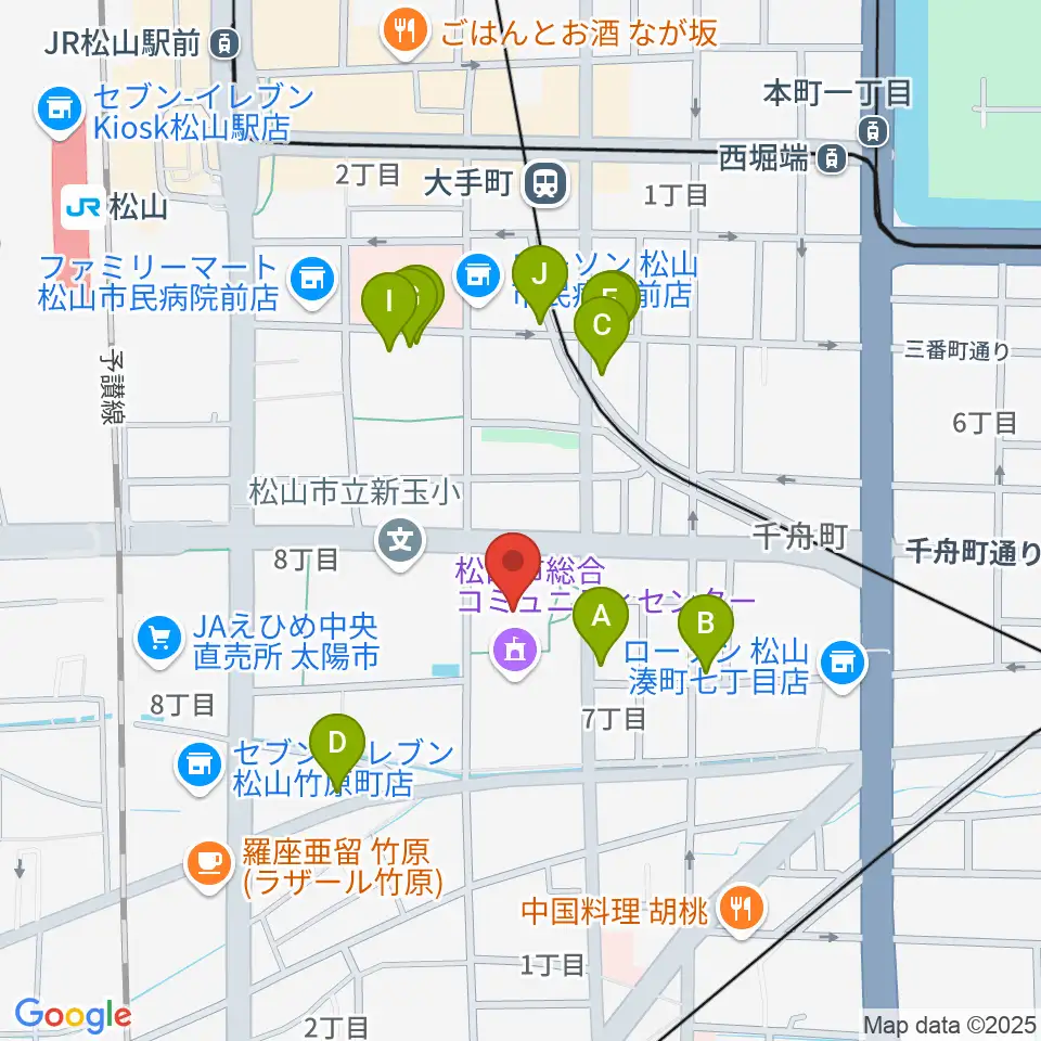 松山市総合コミュニティセンター体育館周辺のファミレス・ファーストフード一覧地図