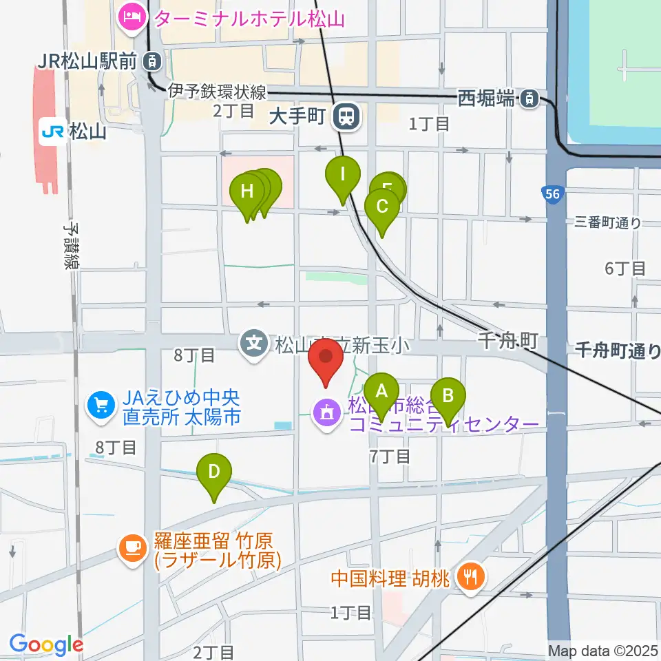 松山市総合コミュニティセンター体育館周辺のファミレス・ファーストフード一覧地図
