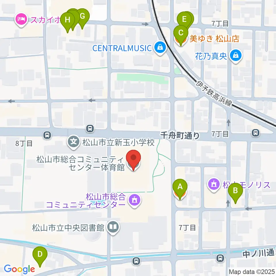 松山市総合コミュニティセンター体育館周辺のファミレス・ファーストフード一覧地図