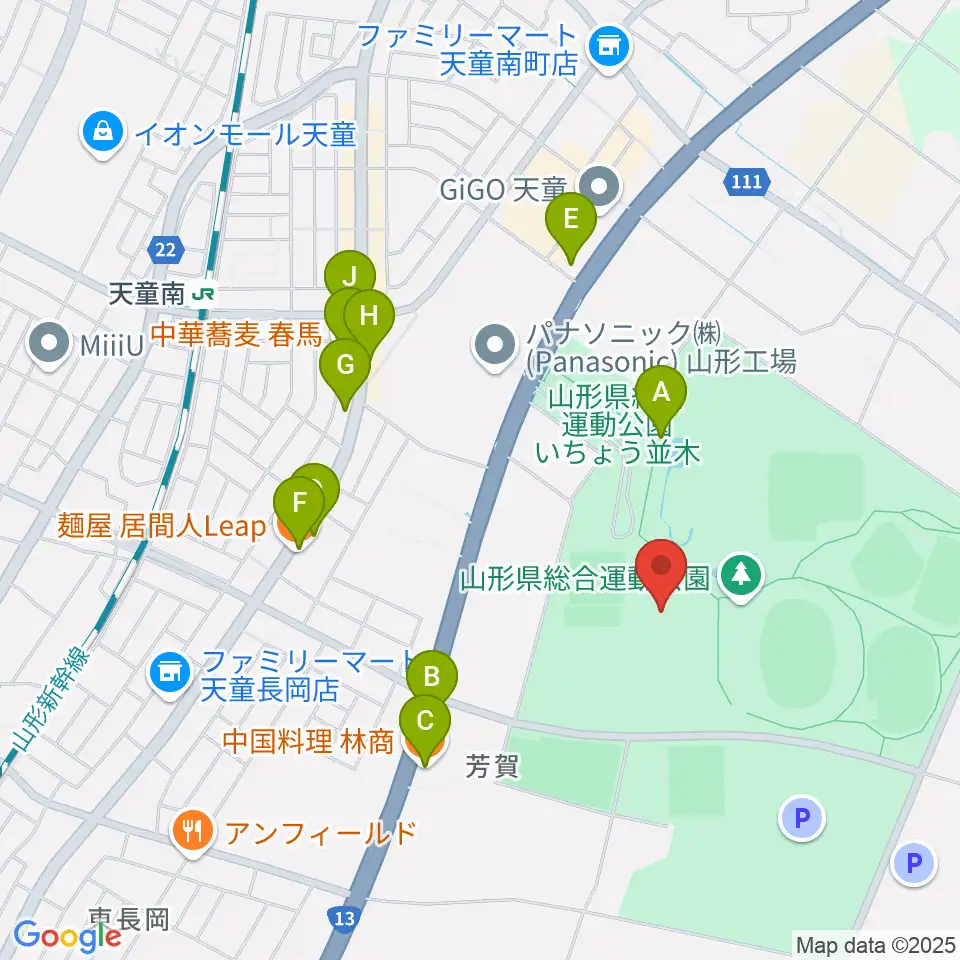 山形県総合運動公園 総合体育館周辺のファミレス・ファーストフード一覧地図