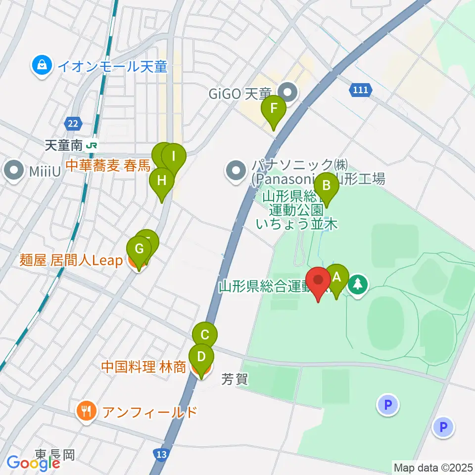 山形県総合運動公園 総合体育館周辺のファミレス・ファーストフード一覧地図